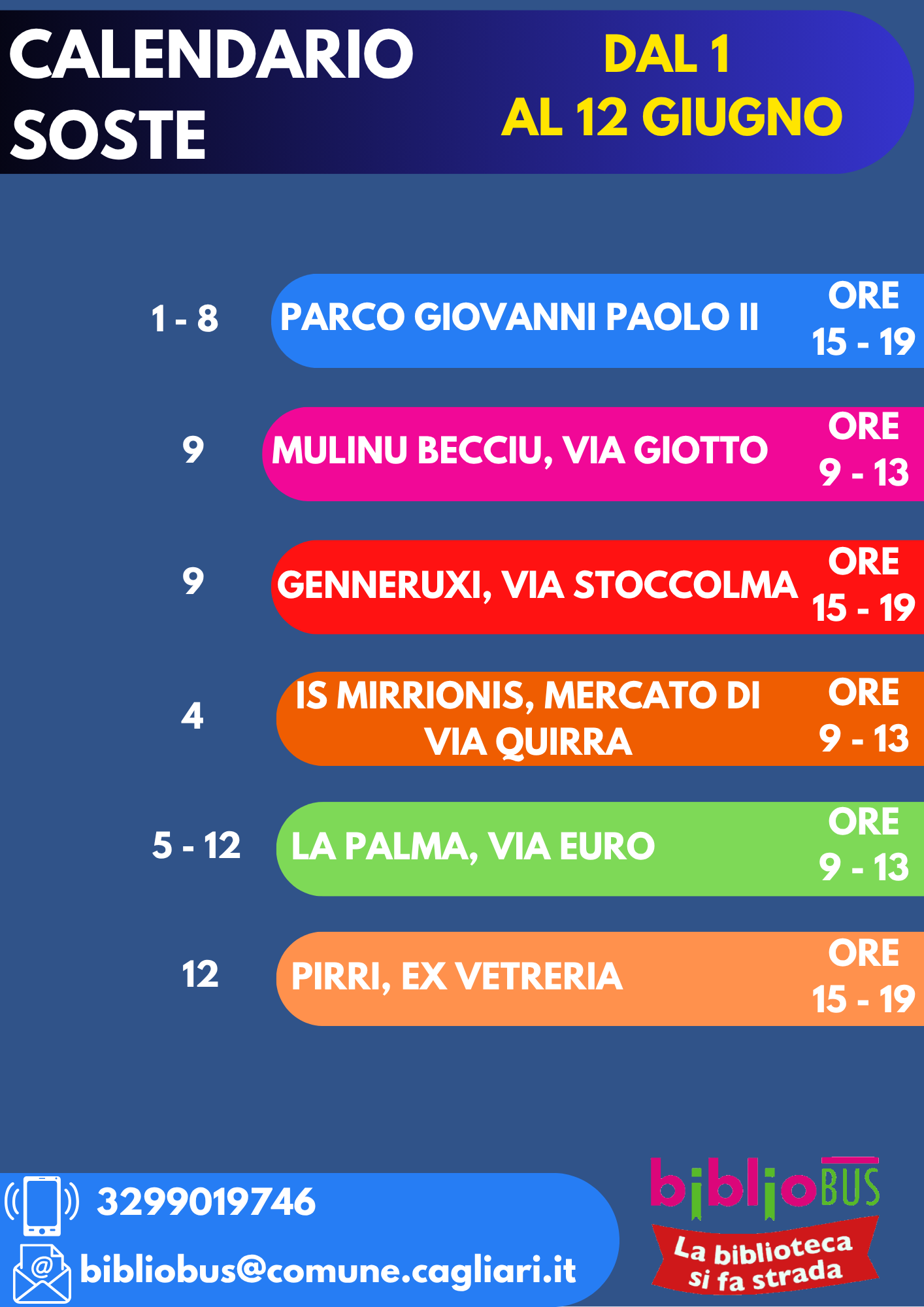 Fermate del Bibliobus Dal 1 al 12 giugno 2026